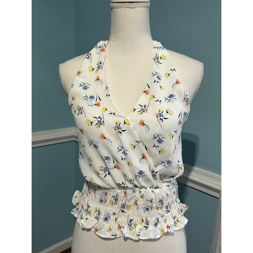 Sienna Sky Floral Halter Top White Smocked Waist Ruffle Hem Small